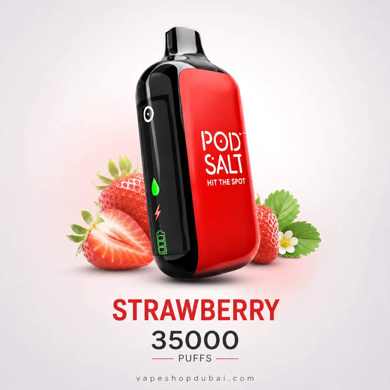 Pod Salt disposable vape device shown with strawberry props STRAWBERRY 35000 PUFFS
